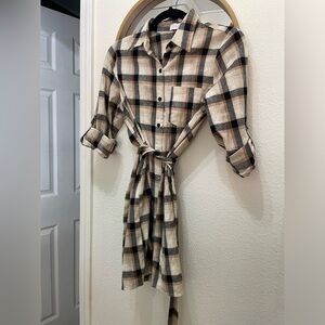 Pink Lily Cream and Black Flannel Casual Button Down Shirt Dress with Tie